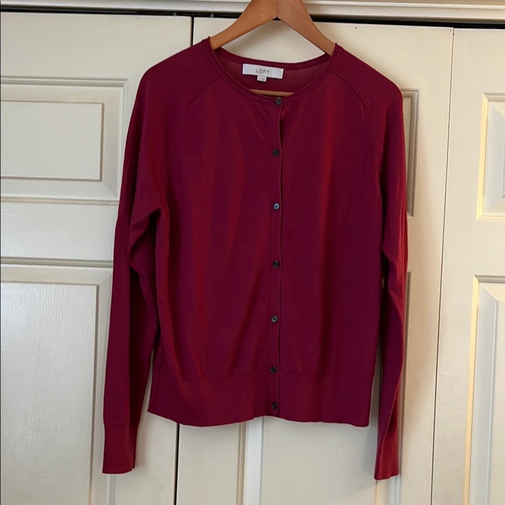 LOFT Women's Burgundy Cardigan Sweater Gathered Back Yoke Size XL